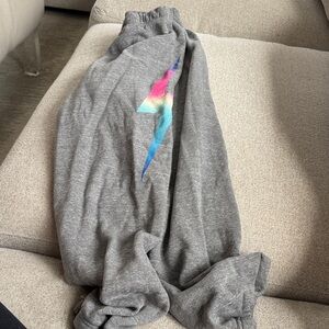 Aviator Nation Gray Track Joggers with Rainbow Lightning Bolt